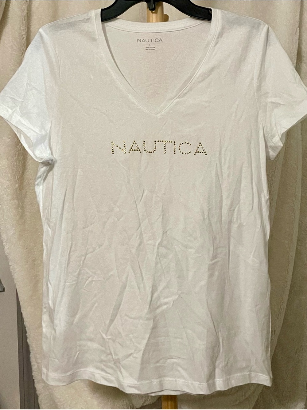 Nautica White V-Neck Tee with Stud Logo